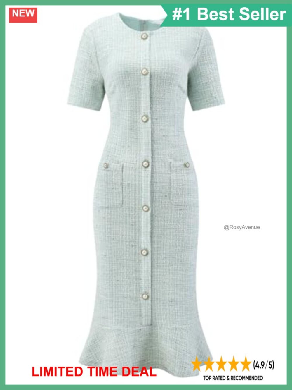 Tweed Midi Dress Short Sleeve Fishtail Bodycon Wedding Cocktail